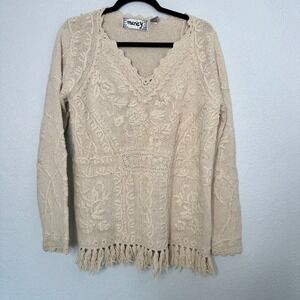 Mariey Silk Cotton Boho Sweater | Floral‎ Cable Knit Fringe Pullover Women's MED
